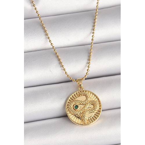 316L �elik Gold Renk Top�uk Zincir Y�lan ��lemeli Zirkon Ta� Detayl� Madalyon Model Kad�n Kolye