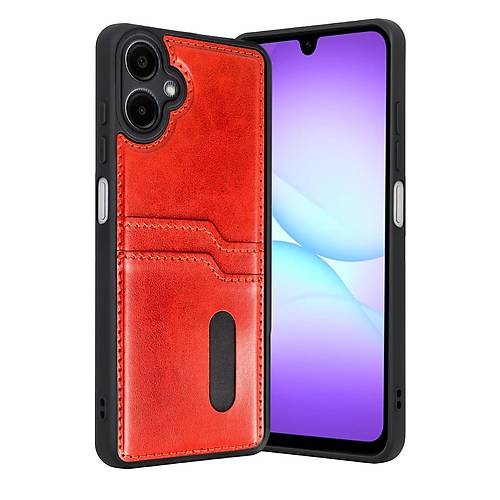 Galaxy A07 4G Sara Kartvizitli Deri K�l�f - K�rm�z�