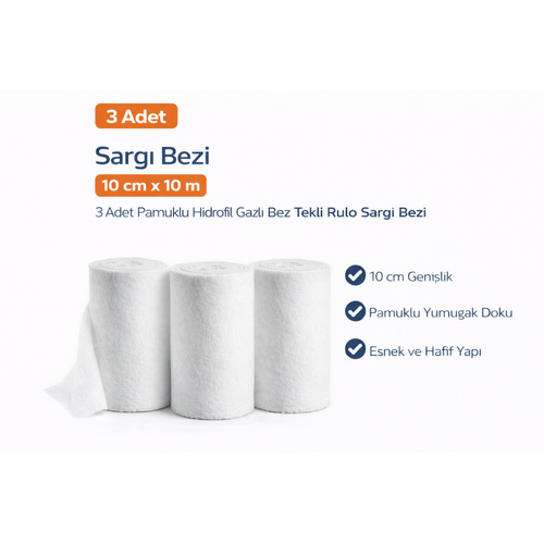 Sarg� Bezi 10 cm x 10 m 3 Adet Pamuklu Hidrofil Gazl� Bez Tekli Rulo Sarg� Bezi Seti