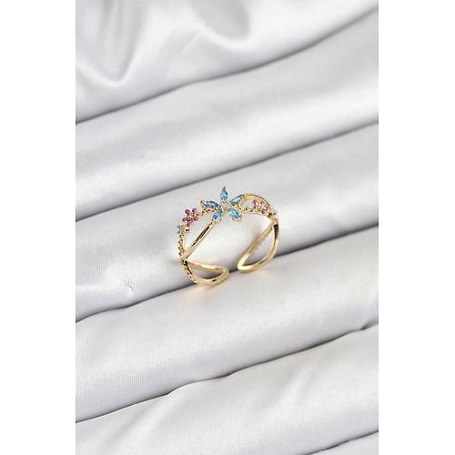 Pirin� Gold Renk Zirkon Ta�l� Mavi �i�ekli Kad�n Y�z�k