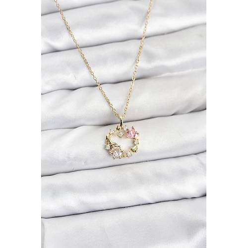 316L �elik Zincir Gold Renk Pembe Ta� Detayl� �elenk Model Kad�n Kolye