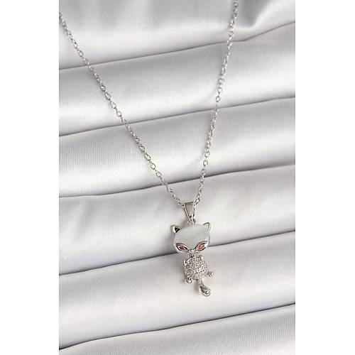 316L �elik G�m�� Renk Zincir Zirkon Ta�l� Kedi Model Kad�n Kolye
