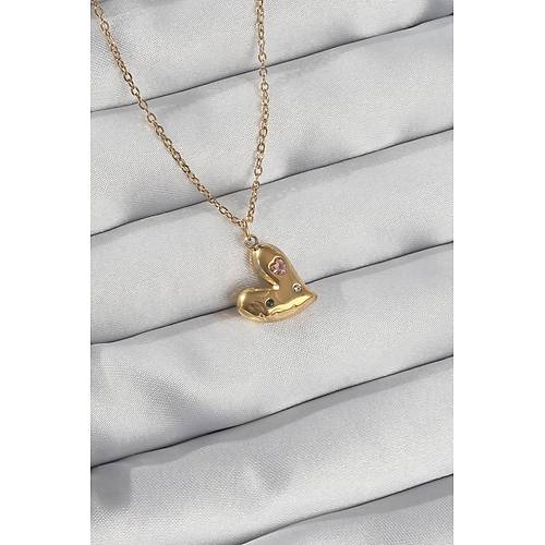 316L �elik Zincir Gold Renk Renkli Zirkon Ta�l� Kalp Kolye