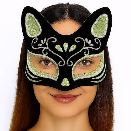 Siyah Renk S�et Kaplama �zeri G�m�� Ye�il Simli Kedi Maskesi 17x14 cm
