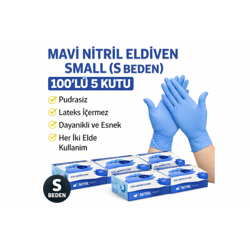 Mavi Nitril Eldiven Small S Beden Pudras�z 100�l� 5 Kutu Tek Kullan�ml�k Muayene Eldiveni Lateksiz Koruyucu Eldiven Seti
