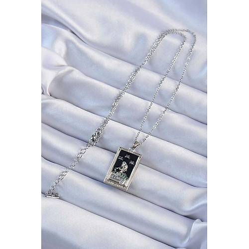 316L �elik Zincir G�m�� Renk Zirkon Ta�l� Siyah Mineli K�z Fig�rl� Tarot Kolye