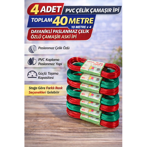 4 Adet PVC �elik �ama��r �pi 10 Metre Dayan�kl� �elik �zl� �ama��r Ask� �pi Toplam 40 Metre