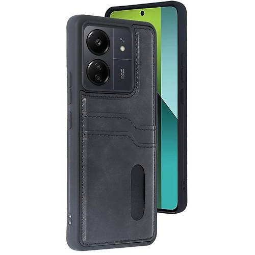 Redmi 13C K�l�f Sara Kartvizitli Deri K�l�f - Siyah