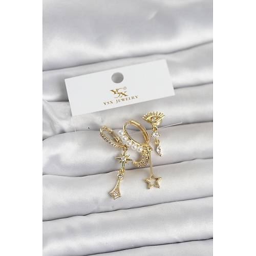 Pirin� Gold Renk Zirkon Ta�l� Gece Temal� 3'l� Kad�n K�pe