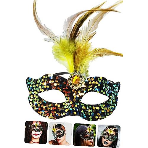 Siyah Kadife �zeri Rengarenk Payetli Pullu Sar� T�yl� Sar� Ta�l� Parti Maskesi 19x21 cm
