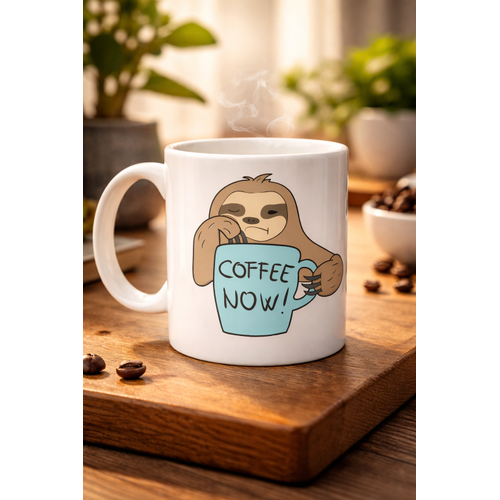 Tembel Hayvan Coffee Now Bask�l� Porselen Kupa MODEL 197 � E�lenceli Kahve Kupas� � Ofis ve Ev Kullan�m� ��in Sevimli Tasar�m Kupa Bardak