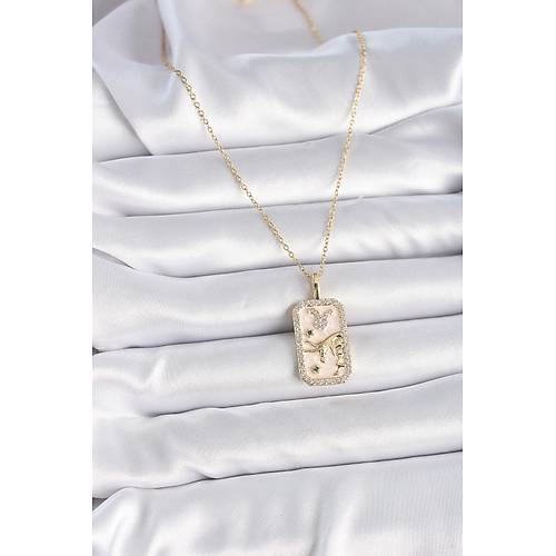 316L �elik Gold Renk Zincir Bo�a Burcu Zirkon Ta�l� Kad�n Kolye