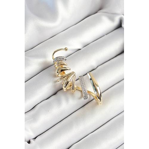 Pirin� Zirkon Ta� Kaplamal� Sarmal Fig�rl� Gold Renk Kad�n Sa� K�k�rdak K�pe