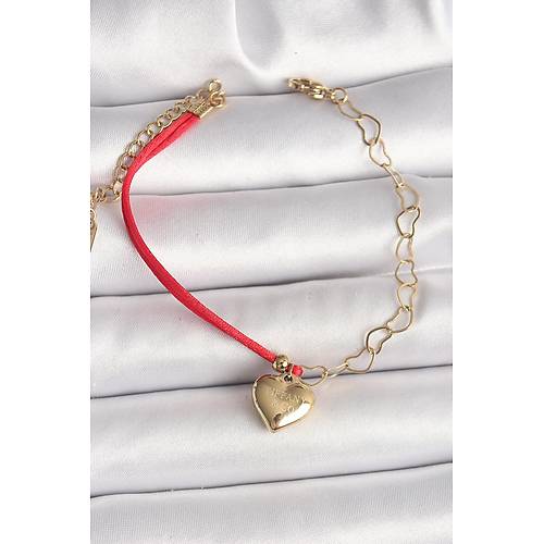 316L �elik Gold Renk Zincir K�rm�z� �p Model Sallant� Kalp Fig�r ��leme Detayl� Kad�n Bileklik
