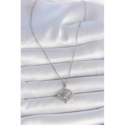 316L �elik G�m�� Renk Zincir Zirkon Ta�l� Pusula Model Kad�n Kolye