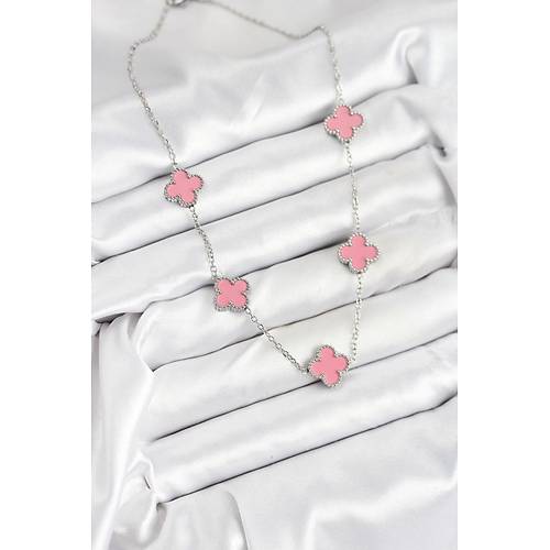 316L �elik Zincir G�m�� Pembe Renk Yonca Kad�n Kolye