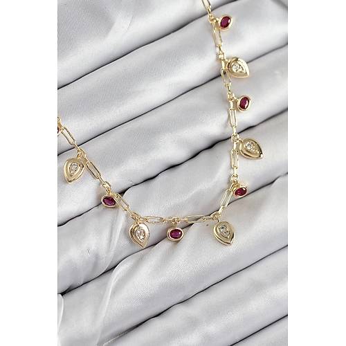 Pirin� Zirkon Ta�l� Sallant�l� Damla Model Gold Renk Kad�n Kolye