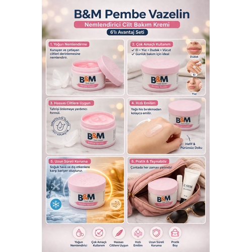 B&M Pembe Vazelin Nemlendirici Cilt Bak�m Kremi �ok Ama�l� Vazelin 6 Adet