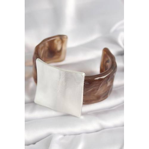 Kahverengi Mermer Desen Akrilik Plastik G�m�� Kare Plaka Model Vintage Kad�n Bilezik