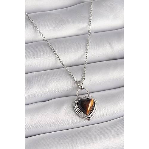 316L �elik G�m�� Renk Zincir Kilit Kalp Kehribar Boncuk Model Kad�n Kolye