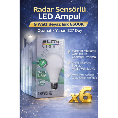 Radar Sens�rl� LED Ampul 9 Watt Beyaz I��k 6500K Otomatik Yanan E27 Duy 6 Adet