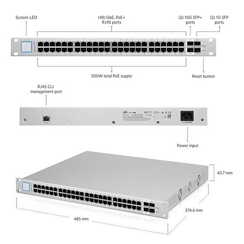 UBIQUITI US-48-500W 48 PORT GIGABIT +2X1GB/2X10GB SFP UPLINK RACKMOUNT 500W POE SWITCH