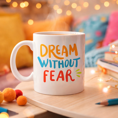 Dream Without Fear Yaz�l� Porselen Kupa MODEL 139 � Motivasyon Temal�, Renkli Tasar�m, Kahve & �ay Kupas� � Hediye Se�ene�i