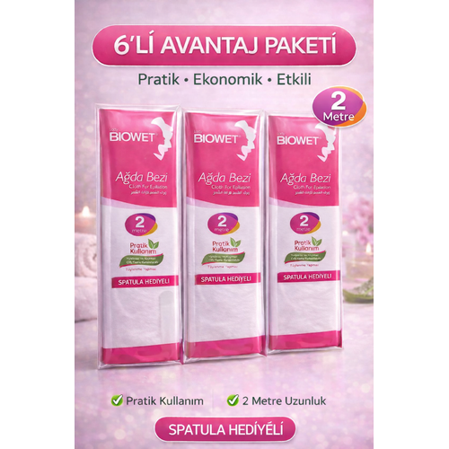 Biowet A�da Bezi 2 Metre Spatula Hediyeli Epilasyon Bezi Dayan�kl� T�y D�kme Bezi 6 Paket