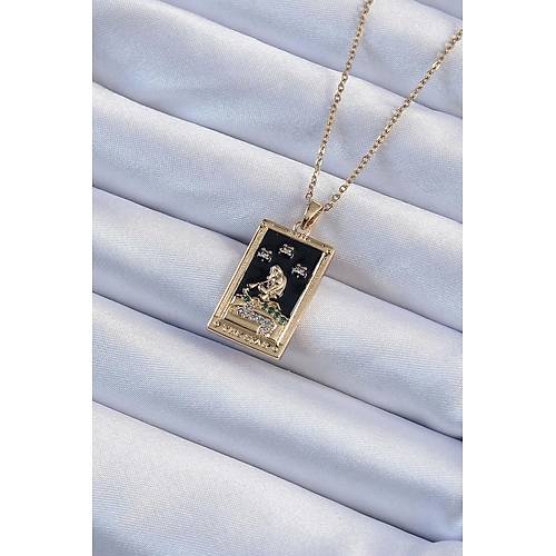 316L �elik Zincir Alt�n Renk Zirkon Ta�l� Siyah Mineli K�z Fig�rl� Tarot Kolye