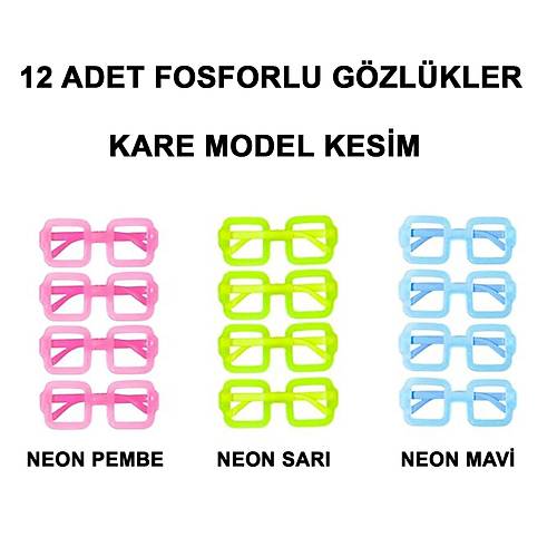 Fosforlu Kare Model Glow Parti G�zl��� Karanl�kta Yanan G�zl�kler 12 Adet