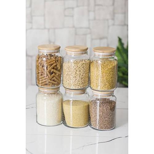 6 L� Set Bambu Kapakl� Cam Kavanoz & Erzak Saklama Kab� 800 ml Orta Boy ( Vakum Kapak )