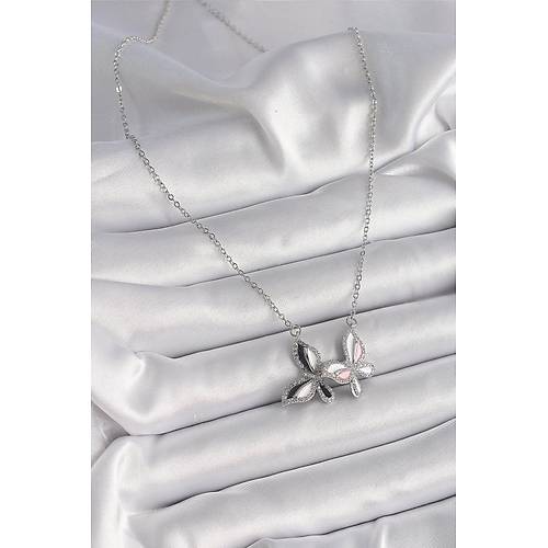316L �elik G�m�� Renk Zincir Zirkon Ta�l� Renkli Kelebek Model Kad�n Kolye