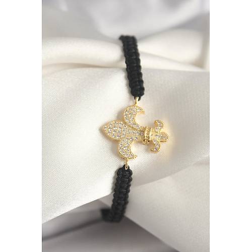 Pirin� Gold Renk Zirkon Ta�l� Zambak Fig�r Asans�rl� Makrome Model Kad�n Bileklik