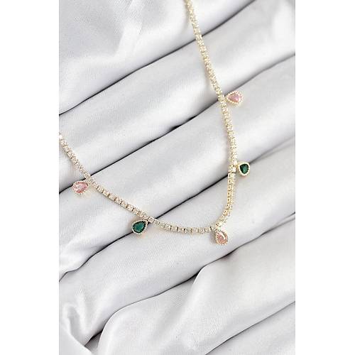 Pirin� Zirkon Ta�l� Su Yolu Damla Model Gold Renk Kad�n Kolye