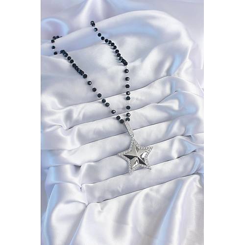 G�m�� Renk Siyah Boncuk Zirkon Ta�l� Pirin� Y�ld�z Model V�P Seri Kad�n Kolye