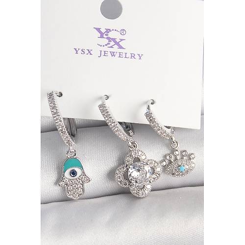 Pirin� G�m�� Renk Zirkon Ta�l� Fatma Ana Yonca Fig�r G�z Detay 3'L� Kad�n Kombin K�pe