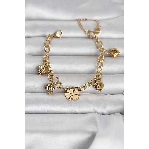 316L �elik Gold Renk Yonca ve Dorikal� Kad�n Bileklik