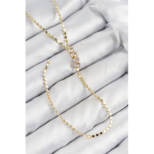 Pirin� Zirkon Ta�l� Ezme Zincirli Model Gold Renk Y Kolye