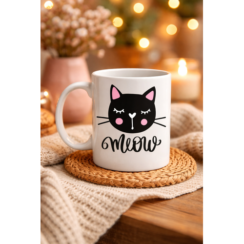 Sevimli Kedi Desenli Porselen Kupa MODEL 63 � �Meow� Yaz�l� Kahve & �ay Keyfi ��in Tatl� Tasar�m