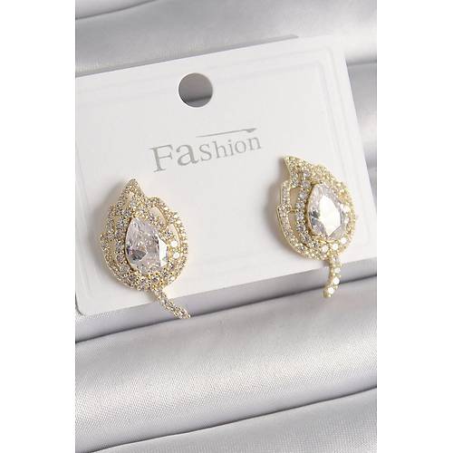 Pirin� Gold Renk Zirkon Ta�l� Yaprak Model Kad�n K�pe