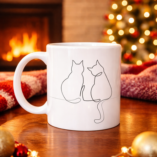 Minimal �izim �ki Kedi Desenli Porselen Kupa MODEL 77 � Sevgi Temal� ��k Tasar�m, Kahve & �ay Kupas�