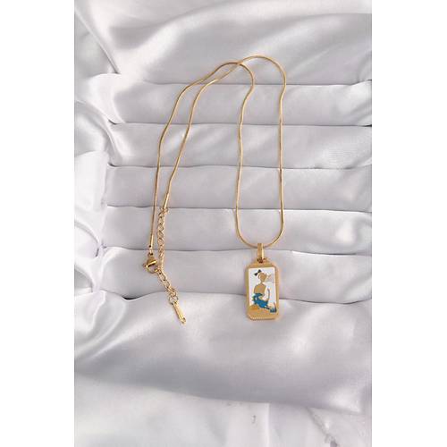 316L �elik Gold Renk Beyaz Mineli K�z Fig�r Tarot Kolye