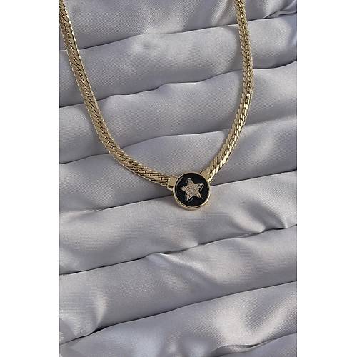 Pirin� Gold Renk Zirkon Ta�l� Y�ld�z Model Siyah Mineli Ezme Zincirli Serenay Kolyesi