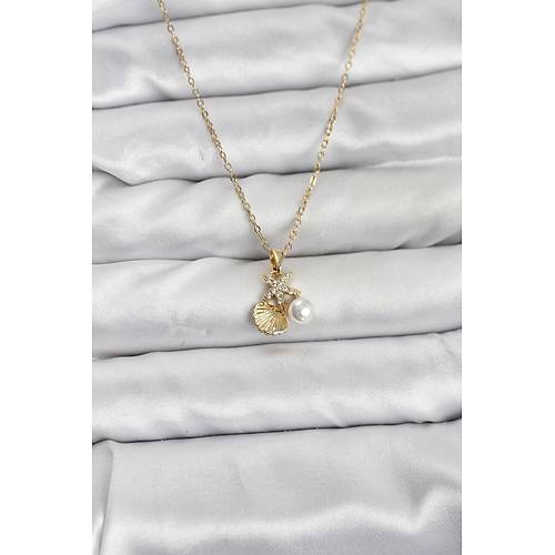316L �elik Zincir Gold Renk Deniz Kabu�u ve Deniz Y�ld�z� Model Zirkon Ta�l� Kad�n Kolye