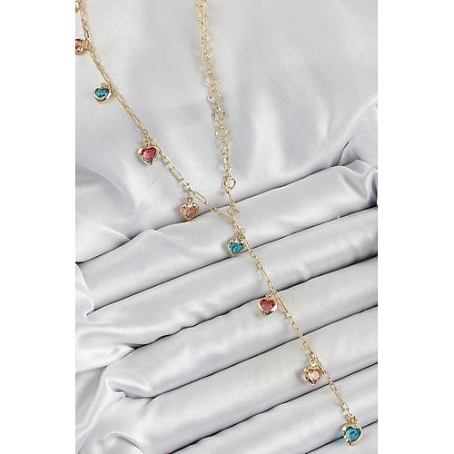 Pirin� Asorti Kalp Model Gold Renk Zirkon Ta�l� Y Kolye