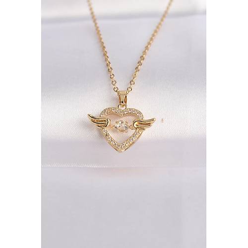 316L �elik Zincir Alt�n Renk Zirkon Ta�l� Kanatl� Kalp Kolye