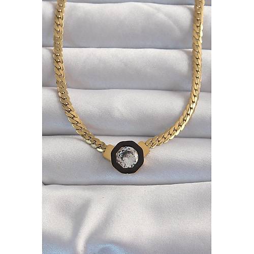 316L �elik Gold Renk Ezme Zincir Zirkon Ta�l� Mineli Serenay Kolyesi