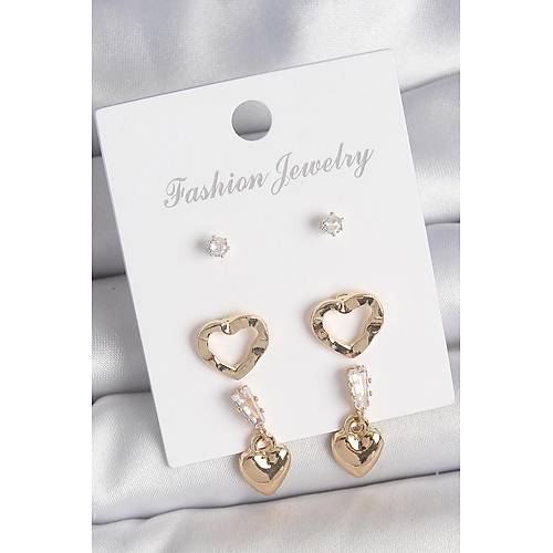 Pirin� Gold Renk Zirkon Ta�l� Sallant� Kalp Model Kad�n 3 �ift K�pe Seti