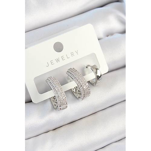 Pirin� Zirkon Ta�l� Damla Model G�m�� Renk 3'l� �ift Kad�n K�pe Set