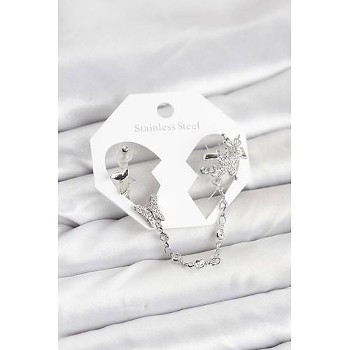 Pirin� G�m�� Renk Kelebek Model Zincir Ba�lant�l� Ear Cuff K�pe Seti